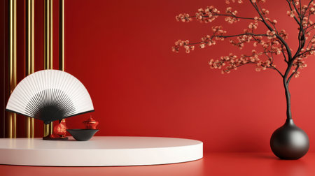 3D render of Chinese New Year podium with fan decor and abstract backgroundの素材