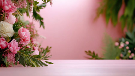 Soft floral border with pink blooms around empty pastel pink space, wedding aestheticの素材