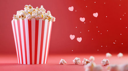 Striped popcorn box on bright red background, heart-shaped popcorn scatteredの素材