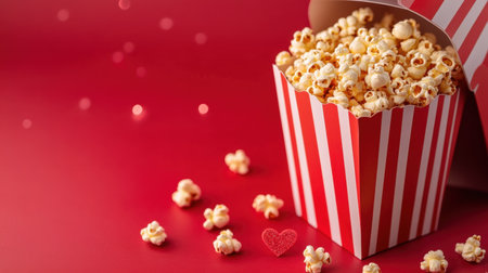 Striped popcorn box on bright red background, heart-shaped popcorn scatteredの素材