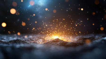 Sparkling star particles flying outward from a glowing core, dark space backgroundの素材