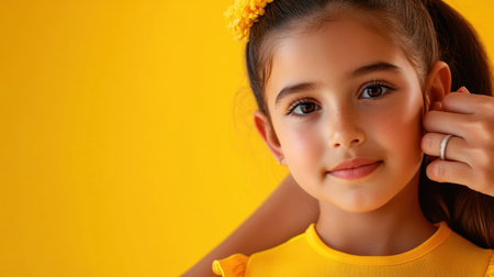 Closeup of mother hands applying sun protection on little girl shoulders, yellow backgroundの素材