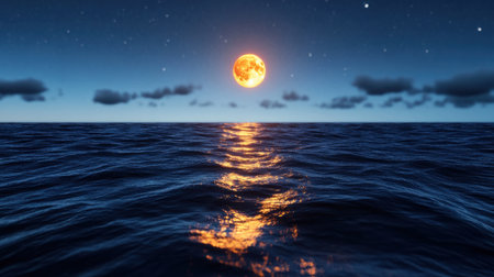 Full moon above ocean horizon, moonlight sparkling on moving waves at nightの素材