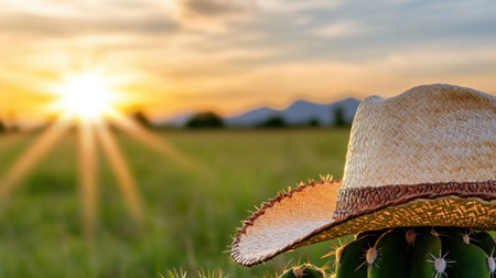 A close-up of a cactus and straw cowboy hat lit by warm sunset beams in an open prairieの素材