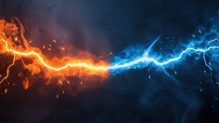 Abstract split lightning energy, orange flames meet icy blue electricity in chaosの素材