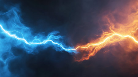 Dual-colored lightning background, cold blue strikes and fiery orange arcs intertwinedの素材