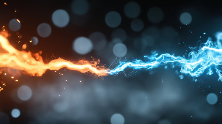 Abstract split lightning energy, orange flames meet icy blue electricity in chaosの素材