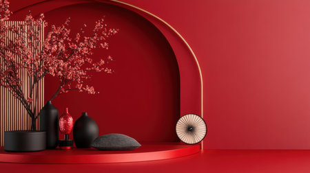 Minimalist product stage in red with fan accent for festive Chinese New Year visualの素材