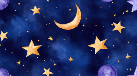Cosmic repeat pattern, drawn stars on deep night blue, whimsical hand-splashed styleの素材