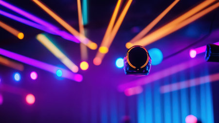 Party scene with laser lights and neon spotlights creating a dynamic disco vibeの素材