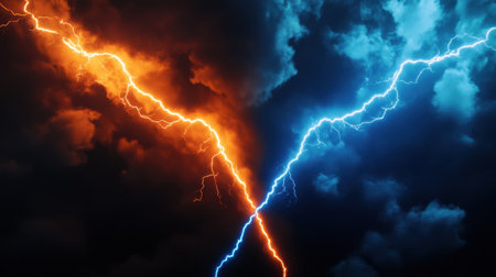 Fiery orange and icy blue lightning bolts crossing paths in a dramatic stormの素材