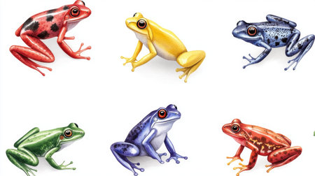 Colorful rainforest frogs painted in watercolor on seamless white background for decor themesの素材