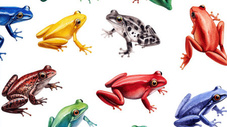 Colorful rainforest frogs painted in watercolor on seamless white background for decor themesの素材