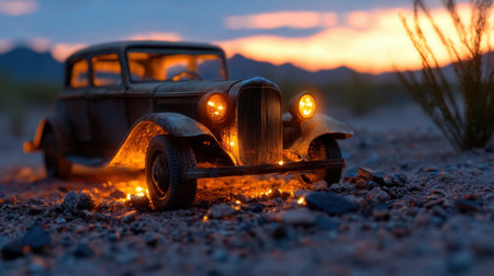 Crumbling metal of antique car, glowing in warm light of desert duskの素材