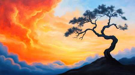 Deep sunset glow outlines the branches of a solitary tree beneath swirling cloudsの素材