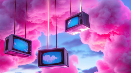 Dreamlike pink clouds float through the sky as vintage televisions hang suspended by glowing cablesの素材