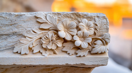 Delicate floral carvings on weathered stone lit by orange evening sunの素材