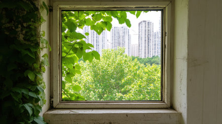 Decay and beauty collide as a green-choked window opens to a modern city view.の素材