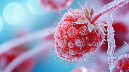 Detailed macro shot of a frozen raspberry, surface texture and micro hairs emphasized with natural lightingの素材