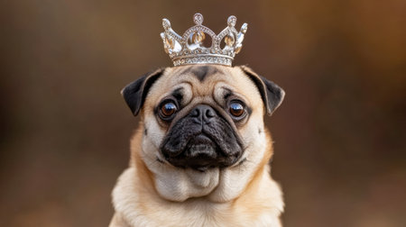 Elegant dog royalty, silver crown perched on a pug head in a moody brown-toned photoの素材