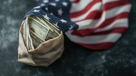 Flat lay of USA flag and dollar currency note on black background, trade and tariff illustrationの素材