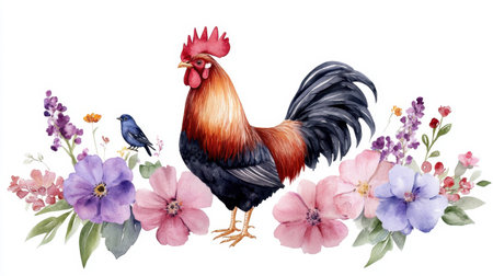 Farm-inspired watercolor featuring proud rooster and seasonal florals with sparrowsの素材