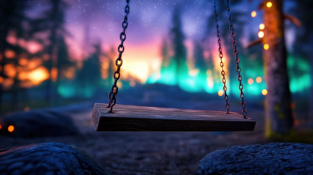 Eerie quiet surrounds a swing under a glowing sky full of stars and faint northern lightsの素材