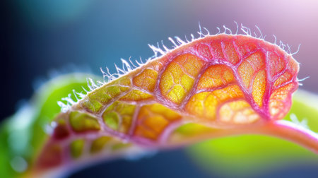 Extreme macro of seedling with fuzzy roots and vibrant leaves, revealing hidden textures of early plant lifeの素材