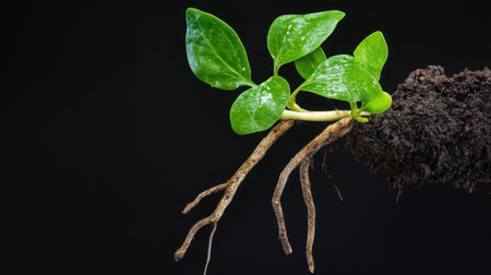 Fine roots clinging to soil as a fragile green sprout unfolds above, captured in extreme botanical macroの素材