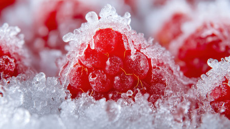 Extreme macro of raspberry, frosty surface sparkling and fine hairs on drupelets clearly visible in rich detailの素材