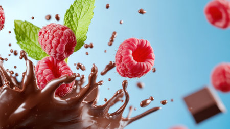 Decadent chocolate splash, fresh raspberries and mint leaves flying, blue gradient backdropの素材