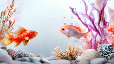 Exotic fish and seaweed in soft watercolor palette with coral textures and marine pebblesの素材