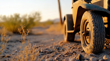 Forgotten retro vehicle in golden hour light, surrounded by dry brush and sandの素材