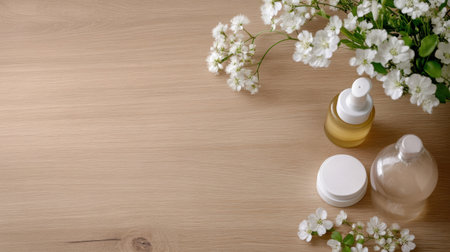 Flowers and beauty products on wood, minimal and elegant spa composition closeupの素材