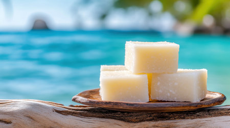 Fresh coconut jelly cubes stacked on a tray resting on a driftwood table by the beachの素材