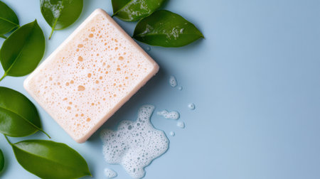 Fresh soap product with rich foam, placed on soothing grayish blue background, top perspectiveの素材