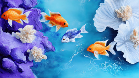 Hand-painted marine scene of fish and underwater elements with oceanic textures and huesの素材