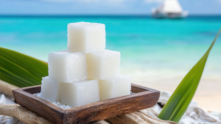 Fresh coconut jelly cubes stacked on a tray resting on a driftwood table by the beachの素材