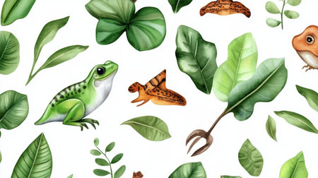 Green and brown nature-themed seamless pattern with watercolor wildlife detailsの素材