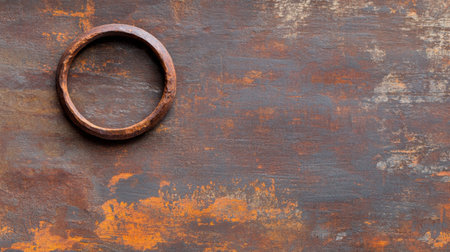 Gritty, close-up view of rusted metal wall featuring an antique iron ringの素材