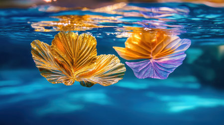 Golden and sapphire leaves beneath water surface, artistic underwater still lifeの素材