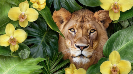 Lion face portrait in watercolor style with banana leaves and yellow orchids in lush jungle settingの素材