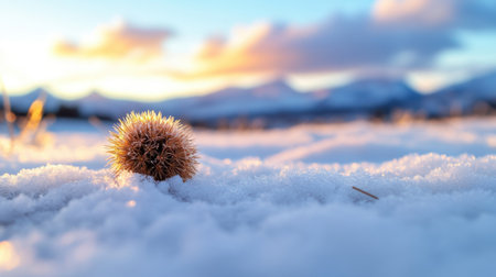 Isolated tan burr sits in the snow, warm sunset tones creating contrast with the coldの素材