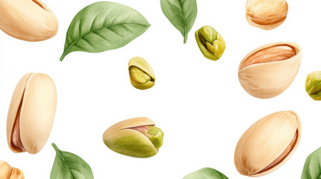 Hand-painted watercolor of pistachios with shell and without, mixed with almonds and cashewsの素材