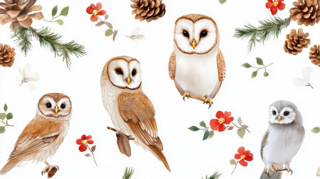Hand-painted pattern with owls, sparrows, pinecones and flowers for nature decorの素材