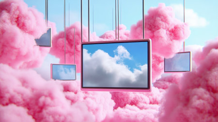 Hanging television screens drift among cotton-candy clouds in a whimsical pink atmosphereの素材