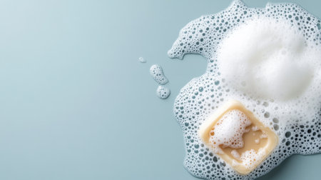 Hygiene concept with soap and lather, soft bubbles on calm blue-gray backdrop, top-down viewの素材