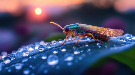 Macro image of a leafhopper with detailed thorax and shimmering wings, clinging to a dew-covered leafの素材