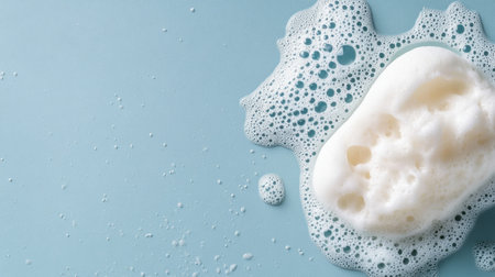 Closeup of foamy soap bar on pale gray-blue surface, gentle cleanliness concept, top viewの素材