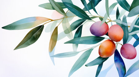 Cluster of olive branches with ripening fruits, natural watercolor paletteの素材